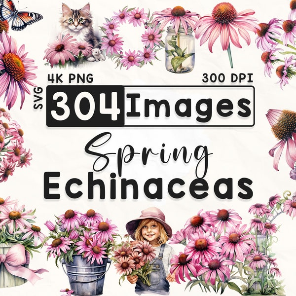 304 Echinaceas Clipart Bundle, Watercolor Floral Clipart, Echinacea Clipart, Scrapbook, Spring Flowers, Paper Crafts, 4K PNG, Digital Files