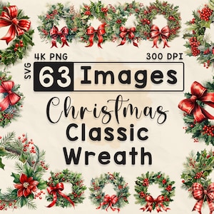 63 kerst klassieke krans clipart, aquarel clipart, feestseizoen, plakboek, papierkunst, 4K png, ongewenste dagboek, kerstbundel, digitaal