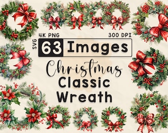 Couronne de Noël classique 63 cliparts, clipart aquarelle, fêtes de fin d&#39;année, scrapbooking, travaux manuels en papier, PNG 4K, journal indésirable, lot de Noël, numérique