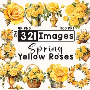 Paquete de imágenes prediseñadas de 321 rosas amarillas, imágenes prediseñadas florales de acuarela, imágenes prediseñadas de rosas, álbum de recortes, flores de primavera, artesanías de papel, PNG 4K, archivos digitales