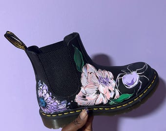 Hand-Painted Thrifted Boots | Floral & Spider Art, Size 7