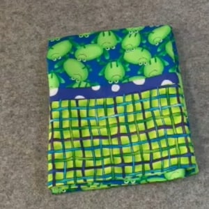 May include: A green and blue fabric with a pattern of frogs on a blue background and a green and blue checkered pattern on a blue background.