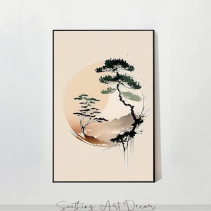 Puede incluir: Una impresión enmarcada en negro con una pintura de acuarela de dos árboles en un círculo con una cordillera en el fondo. Los árboles son verdes y negros, y el fondo es de color melocotón claro.