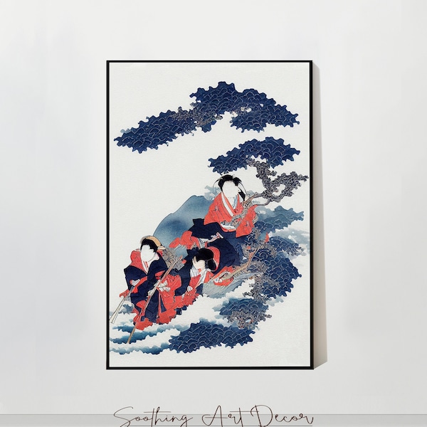 Set Of 3 Geisha Japanese Watercolor Wall Art Vintage Wabi Sabi  Abstract Woodblock Poster Fluid Japandi Print, Great Wave Hokusai Ukiyo E #9