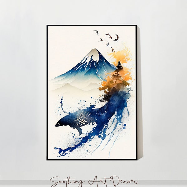 Vivid Japanese Watercolor Whale Wall Art print, Purple Hokusai Textured  Japandi Wabi Sabi Painting Great Wave Ukiyo Woodblock Print #16