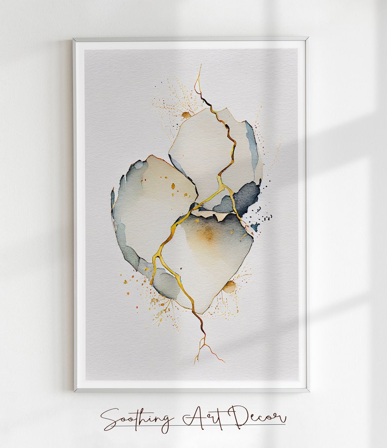 Japanese Kintsugi Abstract Art, Rebirth Watercolor Gold Simple Print ...