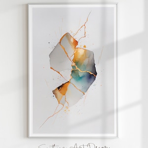 Puede incluir: Pintura abstracta de acuarela con acentos dorados. La pintura presenta una forma abstracta gris, azul y naranja con líneas y puntos dorados. La pintura está enmarcada y tiene un fondo blanco.