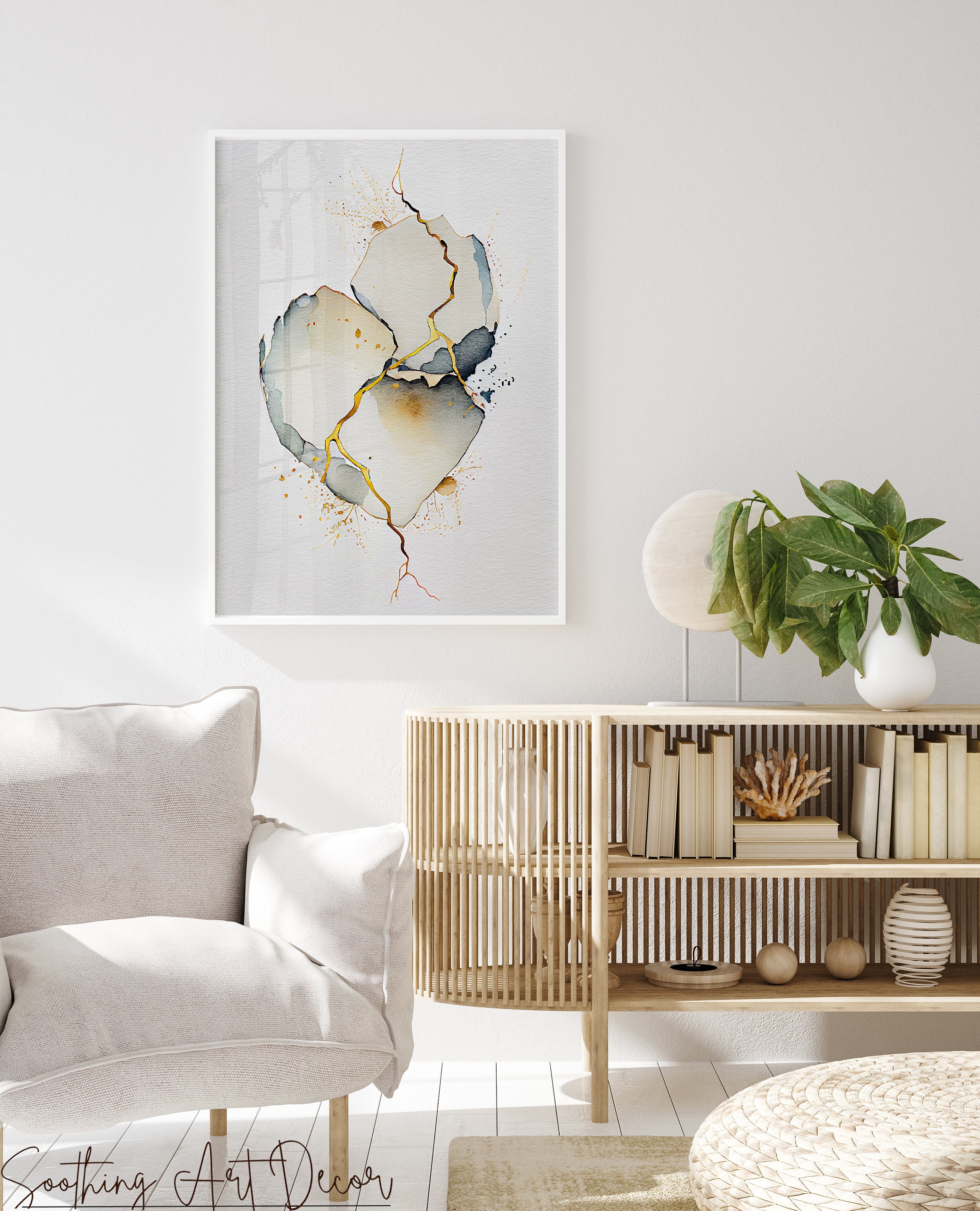 Japanese Kintsugi Abstract Art, Rebirth Watercolor Gold Simple Print ...