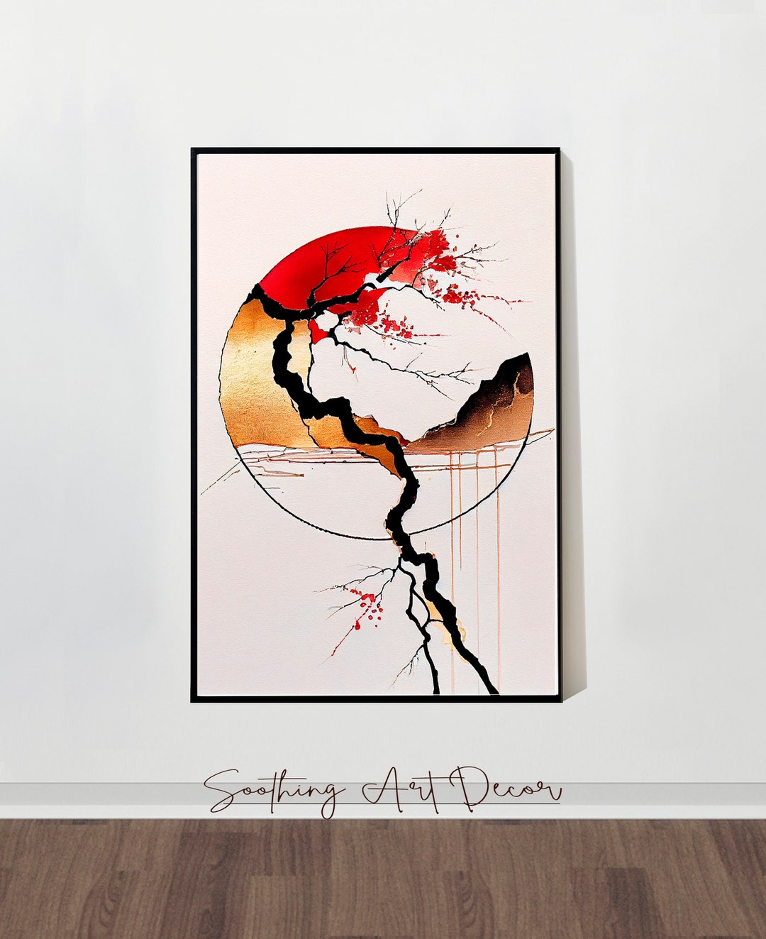 Red Sakura Cherry Kintsugi Art Print, Abstract Gold Leaf Zen Enso ...