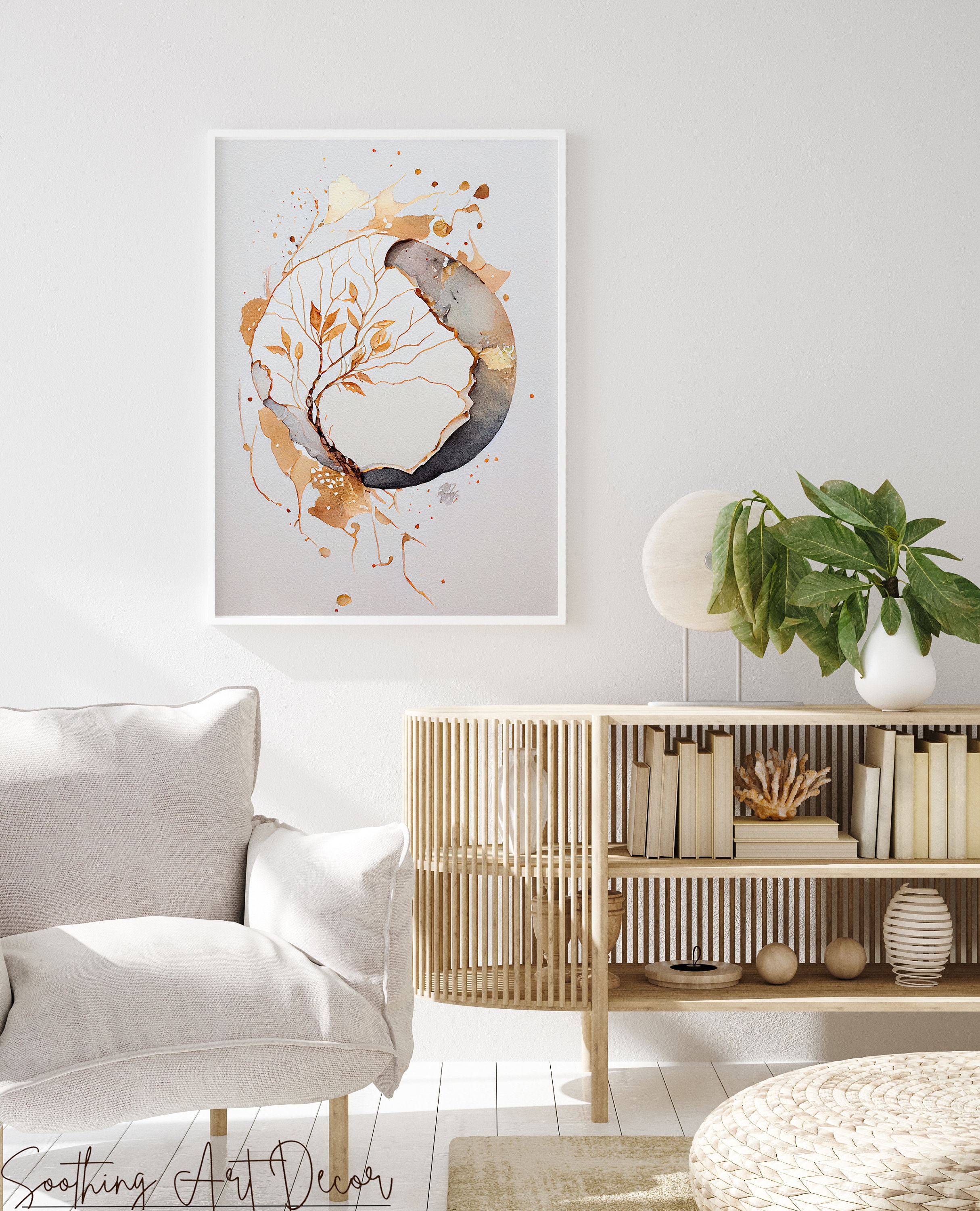 Simple Japandi Kintsugi Zen Enso Circle Wall Art, Golden Textured Sage ...