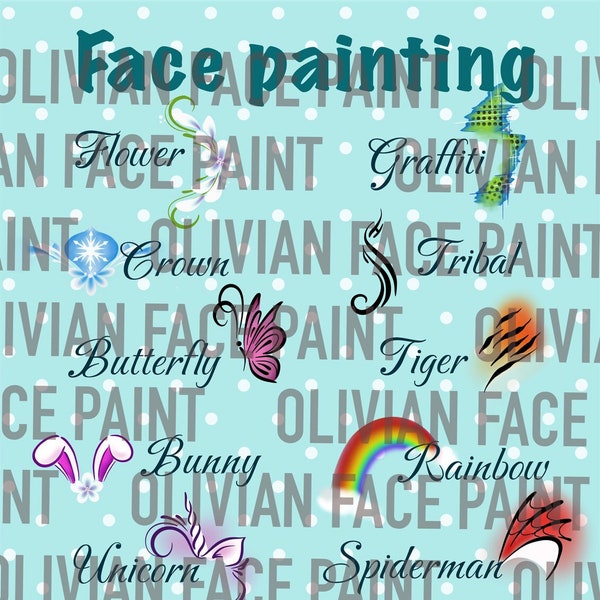 14 popular design Face Paint Menu Board, Face Paint Word Board, Face Paint Design Board, Digital Print