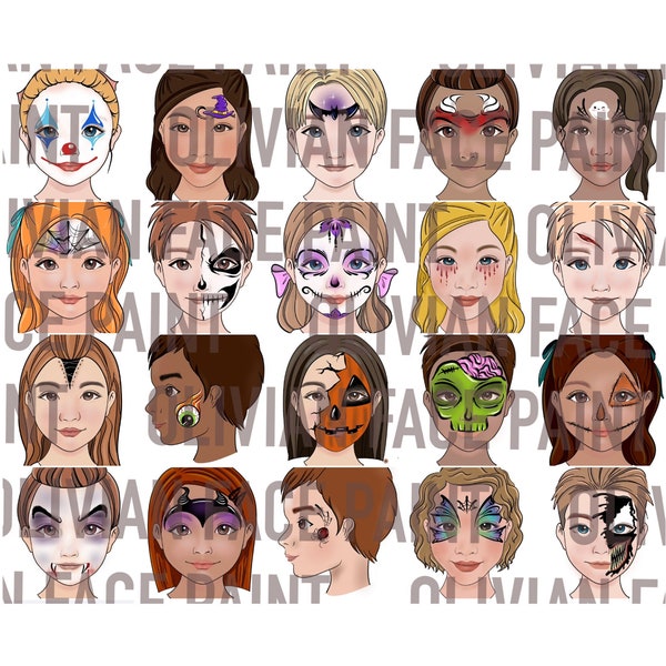 20 modèles de tableau de menu avec maquillage d'Halloween, tableau de mots avec peinture de visage, tableau de conception de peinture de visage, dessin d'Halloween avec peinture de visage, impression numérique