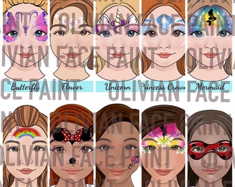 Tablero de menú de pintura facial, tablero de palabras de pintura facial, tablero de diseño de pintura facial para niña, diseño de niña de pintura facial con hoja de práctica, impresión digital