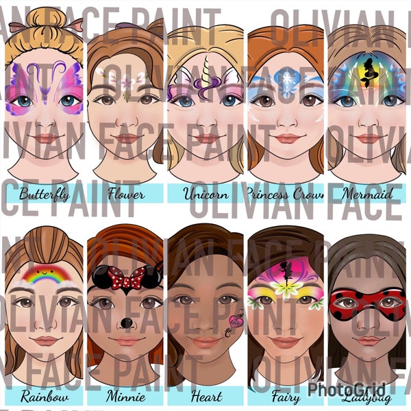 Face Paint Menu Board, Face Paint Word Board, Face Paint Design Board for girl, Face Paint Girl Design with practice sheet, Digital Print