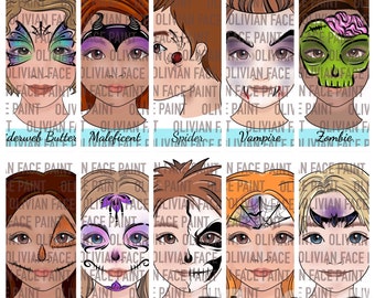 10 diseño Tablero de menú de pintura facial de Halloween, Tablero de palabras de pintura facial, Tablero de diseño de pintura facial, Diseño de Halloween de pintura facial, Impresión digital
