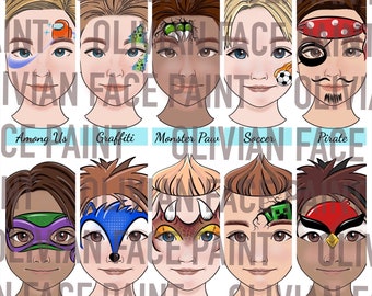 Face Paint Menü Board, Face Paint Word Board, Face Paint Design Board für Jungen, Face Paint Boy Design mit Übungsblatt, Digitaldruck