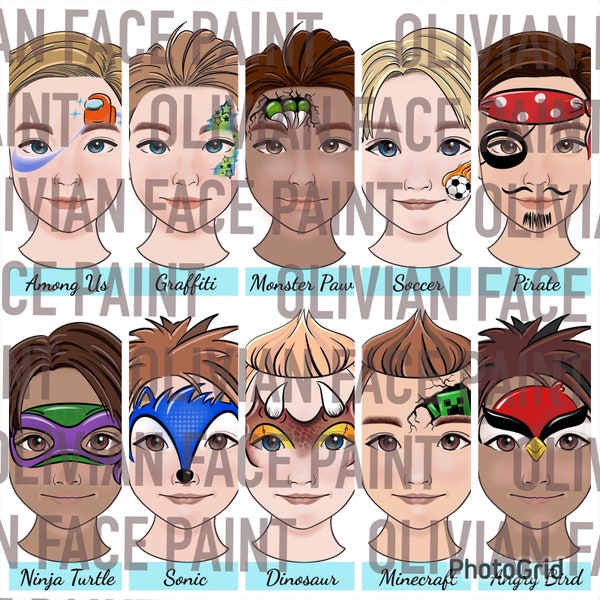 Face Paint Menu Board, Face Paint Word Board, Face Paint Design Board for boy, Face Paint Boy Design with practice sheet, Digital Print