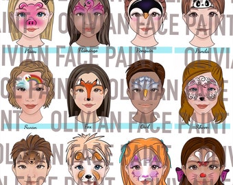 Tablero de menú de pintura facial, tablero de palabras de pintura facial, tablero de diseño de animales de pintura facial, diseño de animales de pintura facial con hoja de práctica, impresión digital