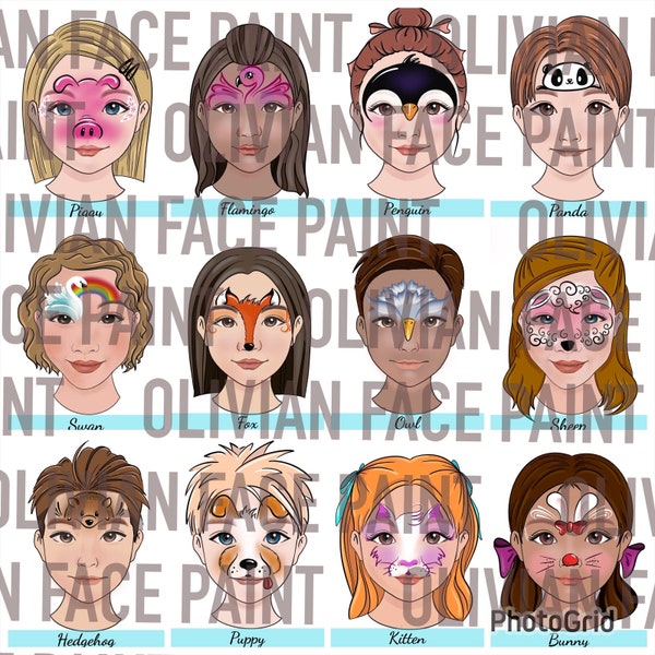 Face Paint Menu Board, Face Paint Word Board, Face Paint Animal Design Board, Face Paint Animal Design with practice sheet, Digital Print