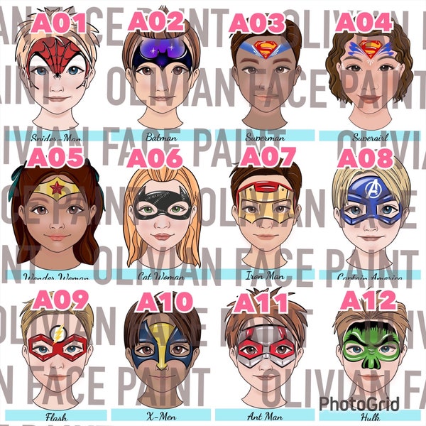 ANY 6, freie Auswahl an Face Paint Menu Board, Face Paint Word Board, Face Paint Design Board, Face Paint Wahlboard, Digitaldruck