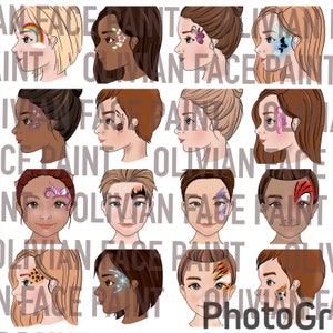 May include: A collage of 12 images showing different face paint designs. The designs include a rainbow, a butterfly, a unicorn, a spider, a tiger, a soccer ball, and more. The designs are painted on the faces of children and adults.
