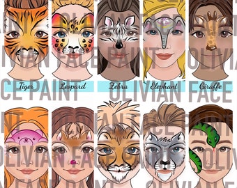 Tablero de menú de pintura facial, tablero de palabras de pintura facial, tablero de menú de animales Safari de pintura facial, diseño de animales Safari de pintura facial, impresión digital