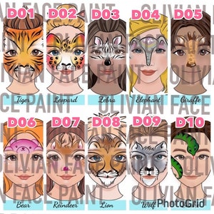 Könnte beinhalten: Eine Tabelle mit 10 verschiedenen Tiergesichtsbemalungen. Jedes Design ist mit einer Nummer und dem Namen des Tieres gekennzeichnet. Die Tiere sind Tiger, Leopard, Zebra, Elefant, Giraffe, Bär, Rentier, Löwe, Wolf und Schlange.