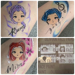 May include: Four images showcasing face paint designs. One features a purple-haired character with the name "Rummy." Another shows a blue-haired character with the name "Zoey." A third displays a red-haired character named "Mira." The fourth image shows stencils.