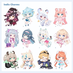 May include: A collection of twelve colorful anime-style character illustrations. Each character is depicted in a unique outfit and pose, with a variety of hairstyles and accessories. The text "Indie Charms" is at the top.