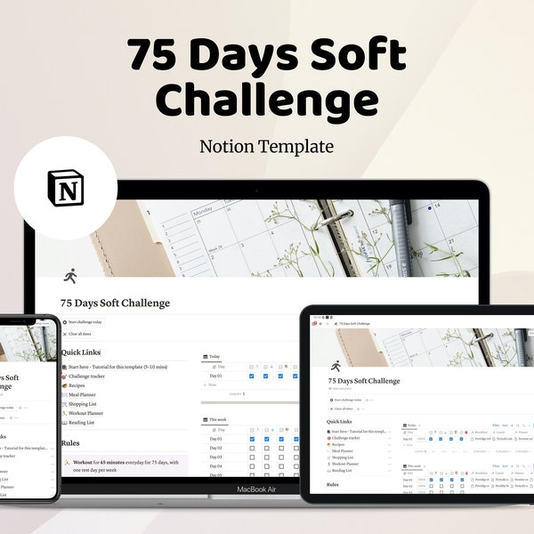 75 Days Soft Challenge Notion Template | Aesthetic Digital Planner | Editable Dashboard | Life Planner | Personal Planner | Notion Dashboard