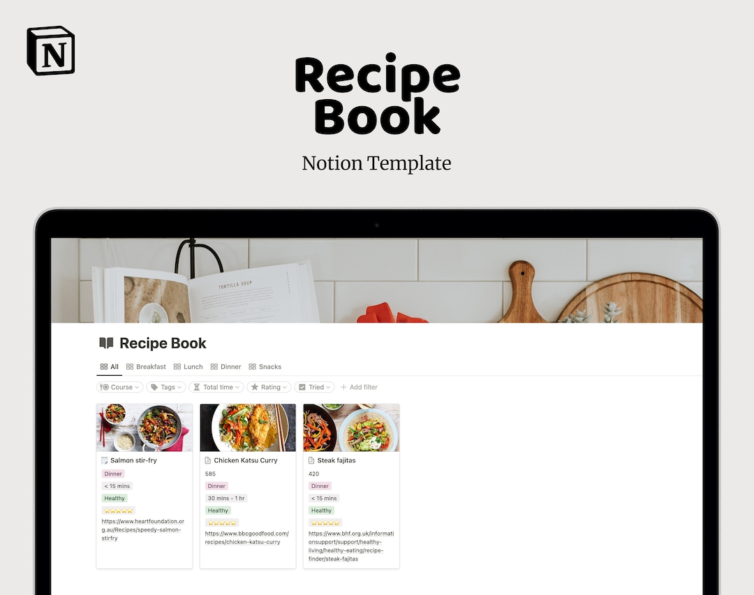 Recipe Book Notion Template Digital Download Editable Dashboard Life