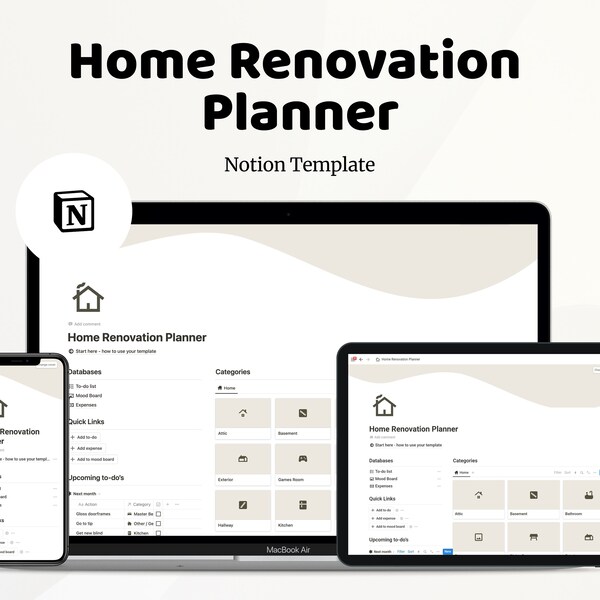 Home Renovation Notion Template | Digital Download | Editable Dashboard | Life Planner | Personal Planner