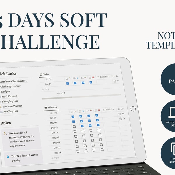 75 Days Soft Challenge Notion Template | Aesthetic Digital Planner | Editable Dashboard | Life Planner | Personal Planner | Notion Dashboard