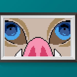 May include: Close-up of a pixelated image of a boar's face with blue eyes and a pink snout.