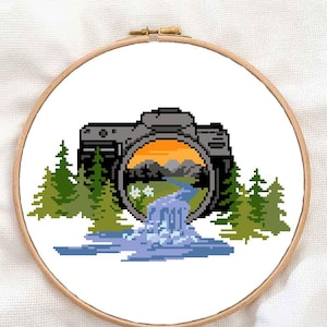 May include: A black camera with a lens that shows a landscape scene with a waterfall, mountains, and a sunset. The camera is surrounded by green trees.