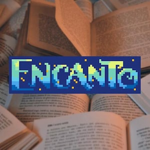May include: A close-up of a stack of open books with the word "ENCANTO" in a pixelated font with a blue, green, and yellow color scheme.