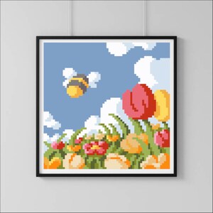 May include: A pixel art illustration of a bee flying over a field of yellow, red, and orange flowers. The sky is blue with white clouds.