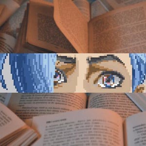 May include: Pixelated image of a person's eyes with blue hair, set against a backdrop of open books. The eyes are detailed with shades of brown, blue, and red, creating a striking contrast with the blue hair.