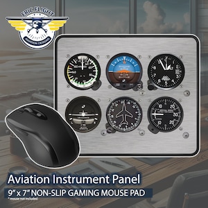 May include: A 9" x 7" non-slip gaming mouse pad with a brushed metal design featuring five aviation instrument gauges. The gauges include an airspeed indicator, an altimeter, a clock, a turn coordinator, and a vertical speed indicator.