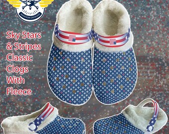 Sky Stars & Stripes American Jet Classic Clogs with Fleece | Aviation Jet Pilot Gift