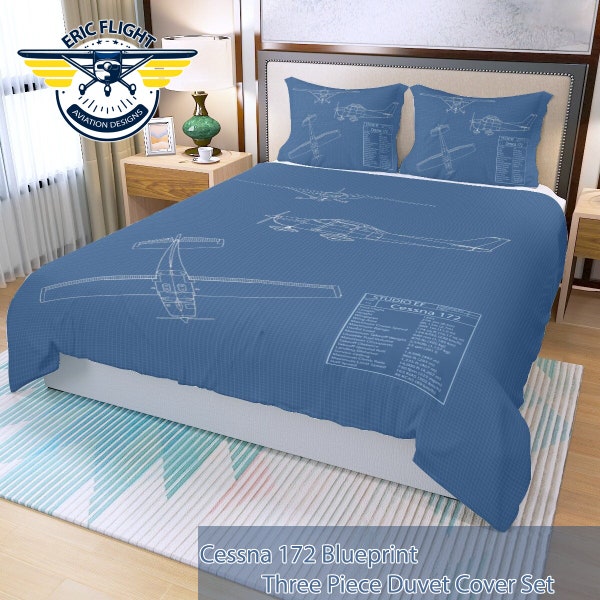 Cessna 172 Blueprint dreiteiliges Bettbezug-Set mit Kissenbezügen für Piloten, Flugbegeisterte, Schlafzimmer, Bettwäsche