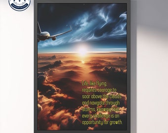 May include: A motivational quote about life and flying, set against a backdrop of a sunset over clouds with an airplane flying above. The quote reads: "Life, like flying, requires courage to soar above the clouds and navigate through storms, knowing that every challenge is an opportunity for growth."