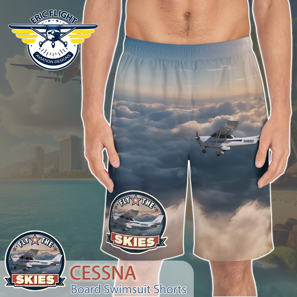 Cessna Fly the Skies Board Swimsuit Shorts for Pilots Sports Aviation Enthusiasts AvGeek Gift