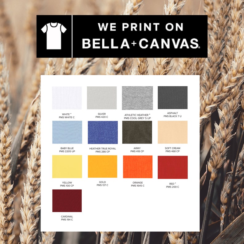 Puede incluir: Imagen que muestra una variedad de colores de tela disponibles para impresi&oacute;n. La imagen incluye una carta de colores con muestras en blanco, plata, gris deportivo, asfalto, azul beb&eacute;, azul real jaspeado, militar, crema suave, amarillo, oro, naranja, rojo y cardenal. Texto: "WE PRINT ON BELLA+CANVAS."