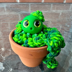 May include: A handcrafted sculpture of a green octopus with detailed eyes, in a small terracotta pot. The octopus is surrounded by green and white swirled tentacles, creating a unique, artistic piece. The pot is approximately 7.6 cm in diameter.