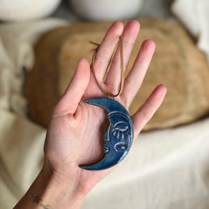Handmade Ceramic Moon Ornament | Navy Blue Celestial Wall Decor