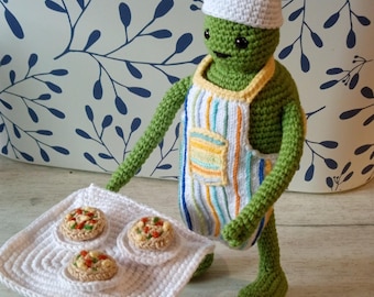 Muñeca de punto verde The Little Chef, chef chef verde, serie American Doll, muñeca de punto verde chef chef con gorro y delantal