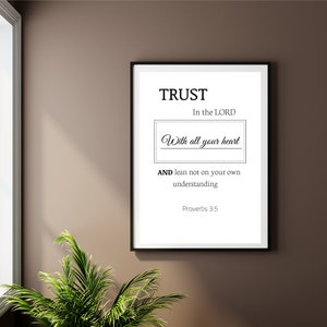 Proverbs 3:5, Trust in the Lord, Printable Bible verse wall art, Scripture art for Christian home décor