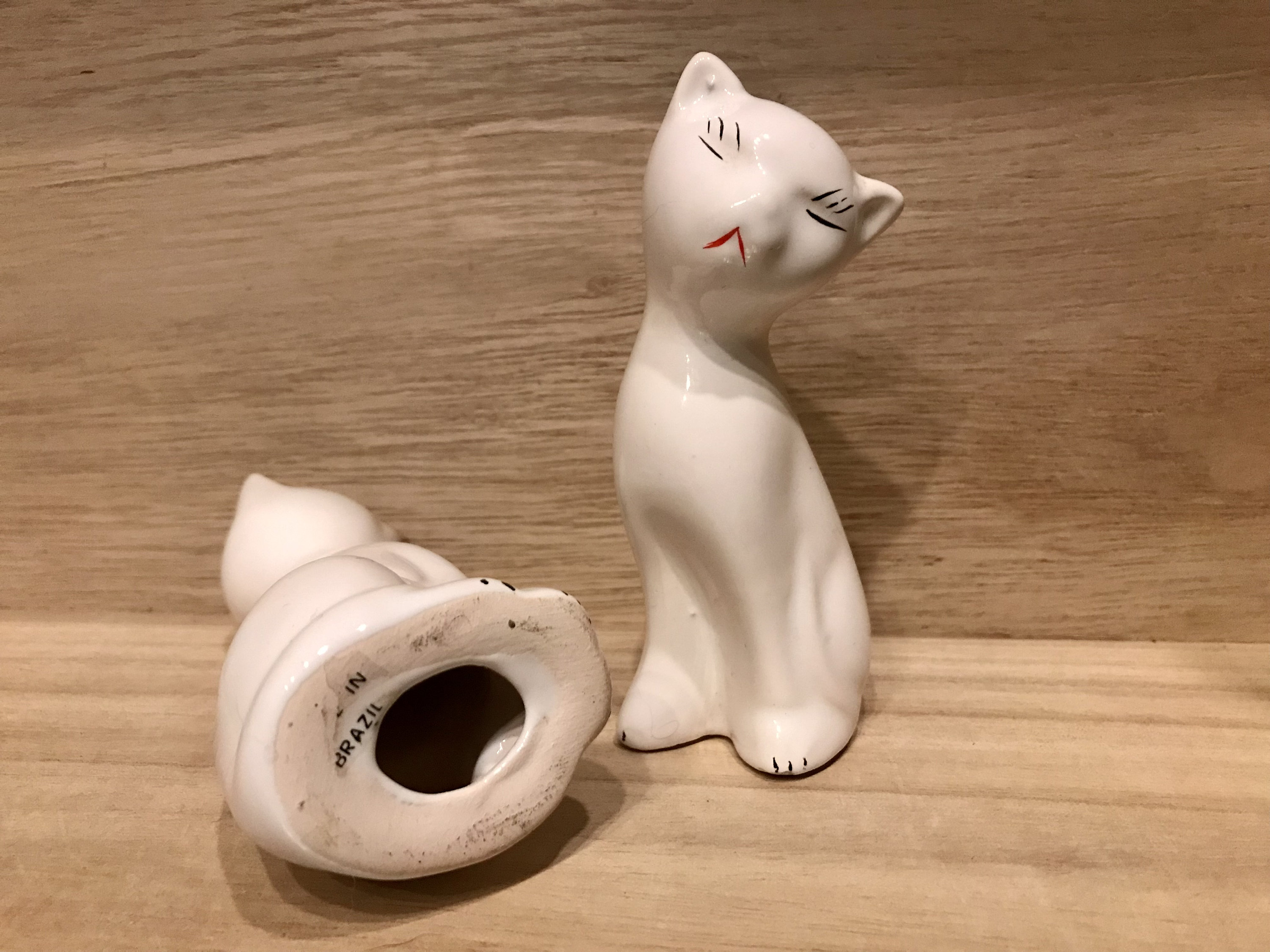Statuette Vintage Couple De Chats Blancs Irisés En Céramique - Fait Main