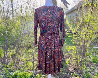 Vintage Leslie Fay Paisley Two-Piece Set, Petite Size 4 Blazer Skirt